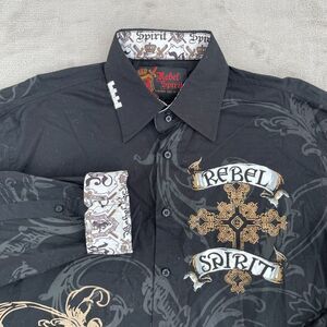 Rebel Spirit Shirt Men XL Black White Grey Embroidered Cross Spell Out‎ AOP Y2K